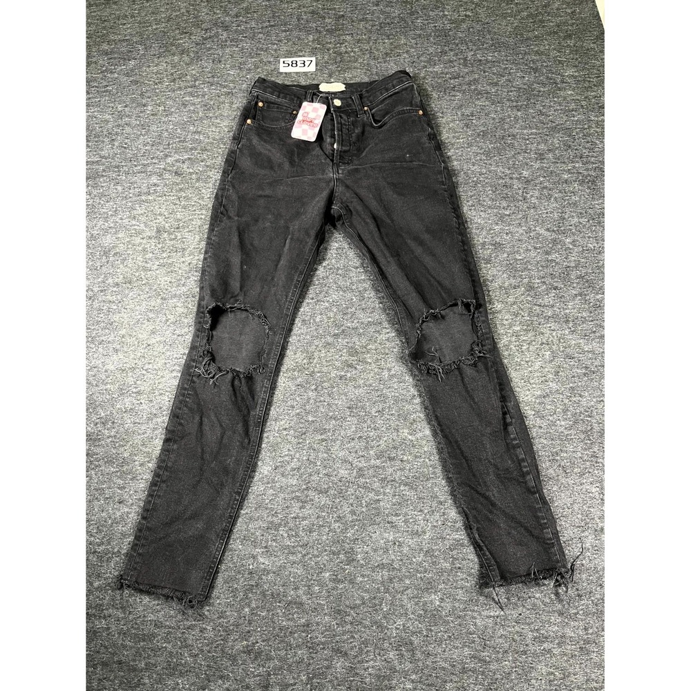 Freeβ People We The Free Jeans Womens 28 Black Denim Distressed Raw Hem Skinny